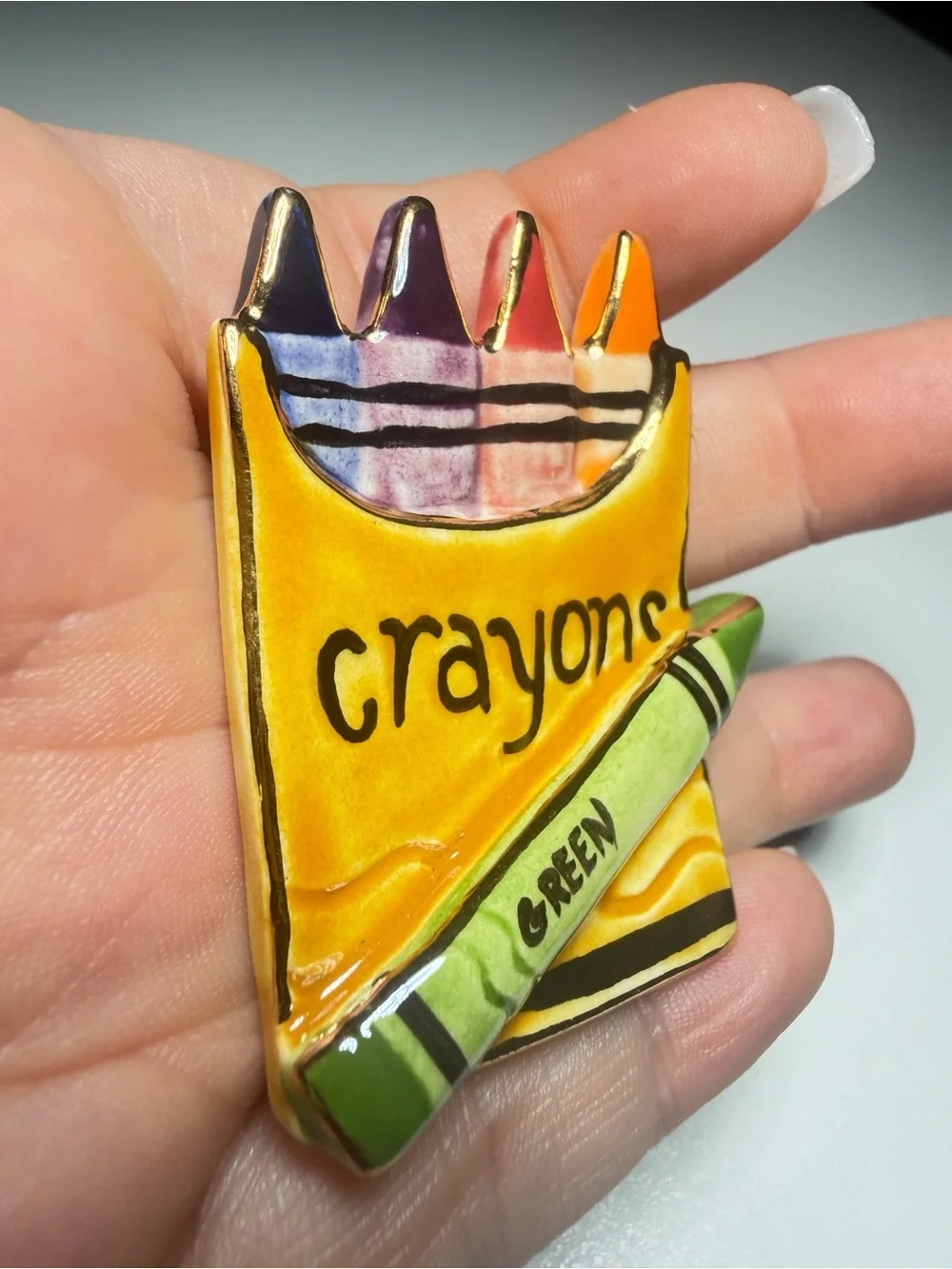 Crayon Box Brooch Hand Painted Ceramic Handmade Pin 2 inches
